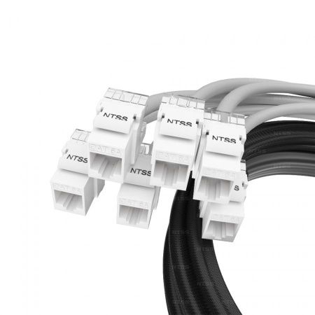 Кабельная сборка NTSS PREMIUM 24pc, UTP CAT6A, оконцована разъемами KEYSTONE RJ45 UTP CAT6A, заделка в чулке, вывод 0.6м, длина 5м, LSZH, серый