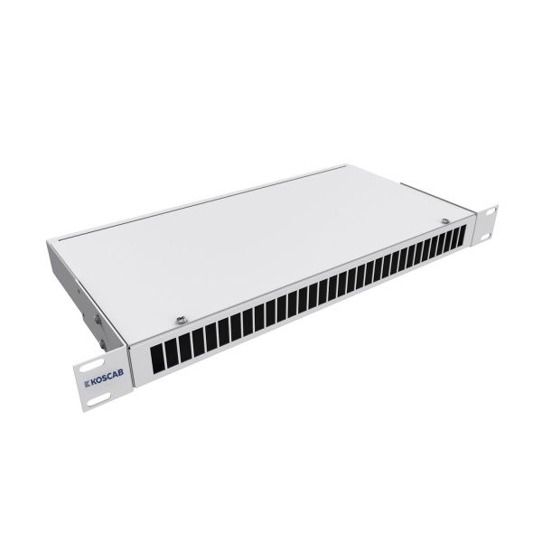Кросс KOSCAB оптический 19'' укомплектованный 1U, 32 порта SC/UPC duplex, 50/125 мкм (сплошная панель, сплайс-кассета 2шт, пигтейлы, КДЗС, адаптеры) с