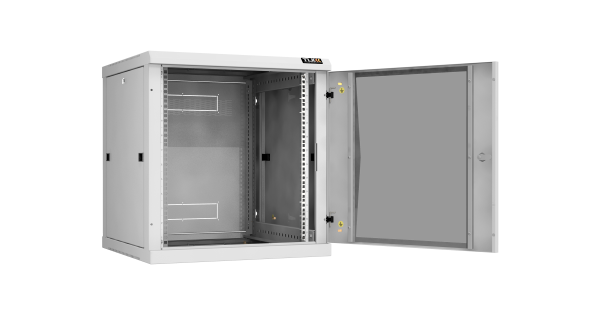 Настенный разборный шкаф NIKOMAX 19", 12U, стеклянная дверь, Ш600хВ636хГ600мм, 2 пары монтажных направляющих, серый
