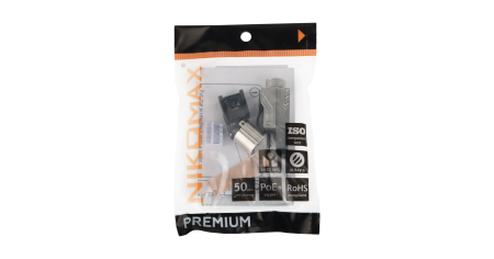 Полевой коннектор RJ45/8P8C NIKOMAX серии Premium, Кат.8 (Класс I), 2000МГц, покрытие 50мкд, универсальные ножи, T568B, самозажимной, компактный, полный экран, металлик 