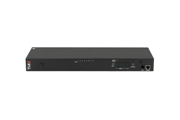 Блок  контролируемых электрических розеток NIKOMAX, SW - Switched, (включение и отключение каждой розетки, измерение общего потребления и отправка показаний через LAN), 19", 8 розеток C13, макс. нагрузка 16 А, шнур питания 3 м., вилка С20, цифровое измере