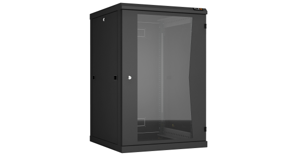 Настенный разборный шкаф NIKOMAX 19", 18U, стеклянная дверь, Ш600хВ904хГ600мм, 2 пары монтажных направляющих, черный