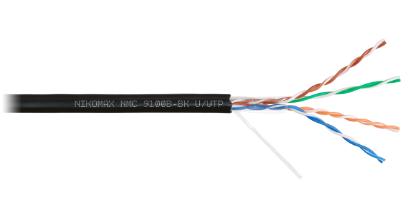 Кабель NIKOMAX U/UTP 4 пары, Кат.5e (Класс D), тест по ISO/IEC, 100МГц, одножильный, BC (чистая медь), 24AWG (0,52мм), полиэтилен, внешний, черный, 305м - гарантия: 5 лет