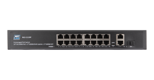 Коммутатор NETLAN, неуправляемый, 16*10/100Мбит/с PoE (af/at), 2*10/100/1000Мбит/с RJ45, 1*100/1000Мбит/с SFP, DC52V/4.8A, PoE бюджет 250W