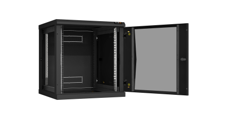 Настенный разборный шкаф NIKOMAX 19", 12U, стеклянная дверь, Ш600хВ636хГ600мм, 2 пары монтажных направляющих, черный