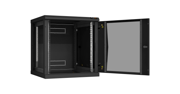 Настенный разборный шкаф NIKOMAX 19", 12U, стеклянная дверь, Ш600хВ636хГ600мм, 2 пары монтажных направляющих, черный