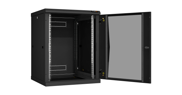Настенный разборный шкаф NIKOMAX 19", 15U, стеклянная дверь, Ш600хВ770хГ600мм, 2 пары монтажных направляющих, черный