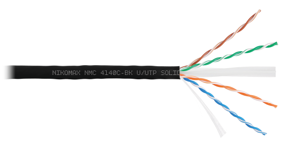 Кабель NIKOMAX U/UTP 4 пары, Кат.6 (Класс E), тест по ISO/IEC, 250МГц, одножильный, BC (чистая медь), 23AWG (0,55мм), полимерный материал нг(А)-HF, внутренний/внешний, черный, 305м - гарантия: 5 лет / 15 лет системная