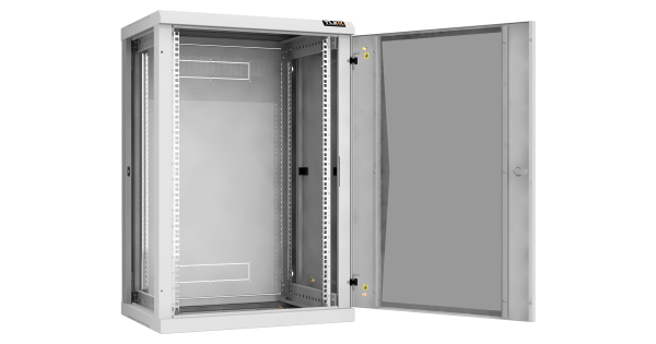 Настенный разборный шкаф NIKOMAX 19", 18U, стеклянная дверь, Ш600хВ904хГ450мм, 2 пары монтажных направляющих, серый