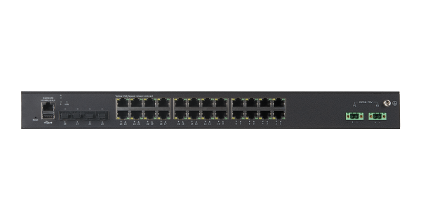 Управляемый промышленный L2+ коммутатор NIKOMAX, 24*10/100/1000Base-T, 4*1/2.5/10Гбит/с SFP+, Крепление в стойку 19", 2*ввода питания, питание AC 100-240В или DC 36-75В (блок питания поставляется отдельно), USB, -40С +80С