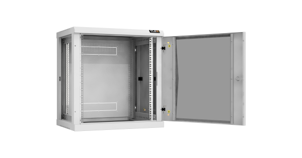 Настенный разборный шкаф NIKOMAX 19", 12U, стеклянная дверь, Ш600хВ636хГ450мм, 2 пары монтажных направляющих, серый