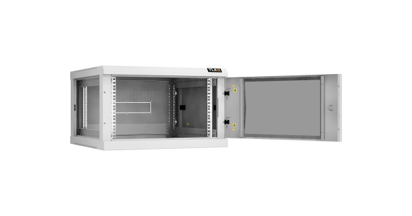Настенный разборный шкаф NIKOMAX 19", 6U, стеклянная дверь, Ш600хВ370хГ600мм, 2 пары монтажных направляющих, серый