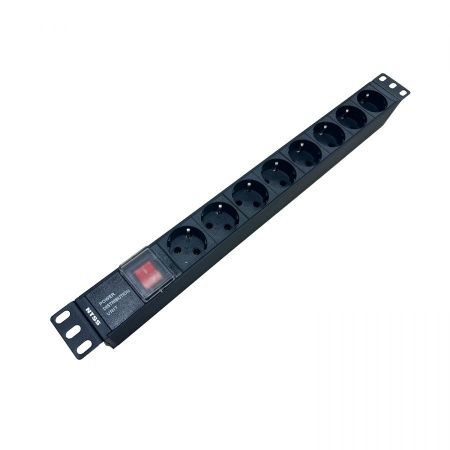Блок розеток NTSS, 19", 1U, пластик, 1ф10A, 2.3кВт, (8) Schuko CEE 7/7, выкл. с подсв.и крыш., вх. 60320 С14