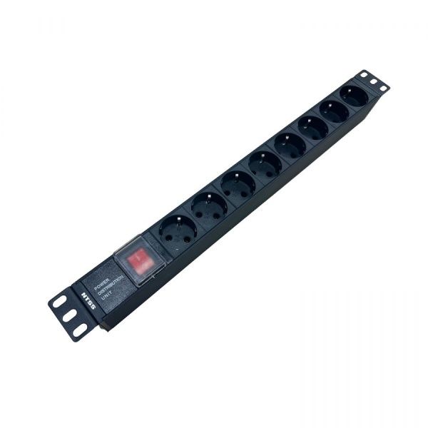 Блок розеток NTSS, 19", 1U, пластик, 1ф10A, 2.3кВт, (8) Schuko CEE 7/7, выкл. с подсв.и крыш., вх. 60320 С14