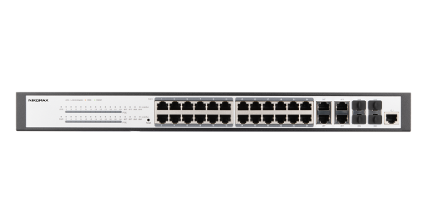 Управляемый L2 PoE коммутатор NIKOMAX 24 Base-T 1000Mb/s портов (802.3af/at), 4 Base-X SFP 1000Mb/s. 1U 19'', 220V, суммарная мощность 400W