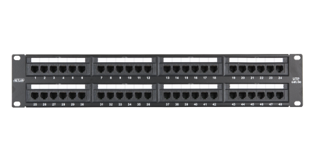Коммутационная панель NETLAN 19", 2U, 48 портов, Кат.5e (Класс D), 100МГц, RJ45/8P8C, 110/KRONE, T568A/B, неэкранированная, черная
