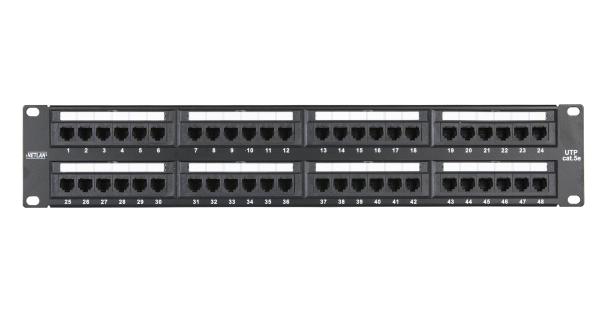 Коммутационная панель NETLAN 19", 2U, 48 портов, Кат.5e (Класс D), 100МГц, RJ45/8P8C, 110/KRONE, T568A/B, неэкранированная, черная