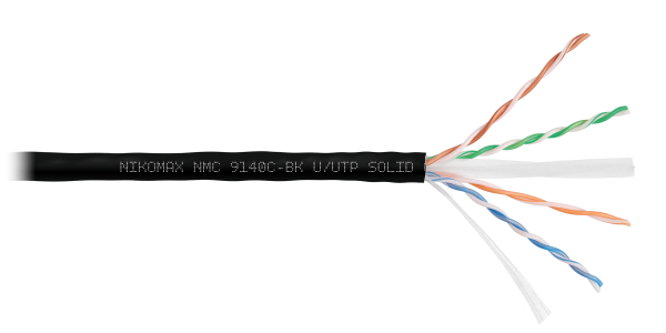 Кабель NIKOMAX U/UTP 4 пары, Кат.6 (Класс E), тест по ISO/IEC, 250МГц, одножильный, BC (чистая медь), 23AWG (0,57мм), полимерный материал нг(А)-HF, внутренний/внешний, черный, 305м - гарантия: 15 лет / 25 лет системная