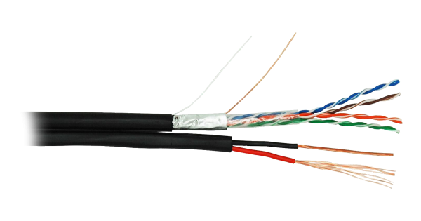 Кабель NETLAN F/UTP 4 пары, Кат.5e (Класс D), 100МГц, одножильный, BC (чистая медь), с многожильным силовым кабелем 0,75мм2, полиэтилен, внешний, до -40C, черный, 305м - гарантия 1 год