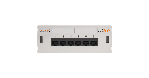 Коммутационная панель NIKOMAX настенная, 6 портов, Кат.5е (Класс D), 100МГц, RJ45/8P8C, 110, T568A/B, неэкранированная, светло-серая - гарантия: 5 лет расширенная / 25 лет системная