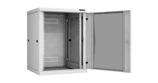 Настенный разборный шкаф NIKOMAX 19", 15U, стеклянная дверь, Ш600хВ770хГ600мм, 2 пары монтажных направляющих, серый