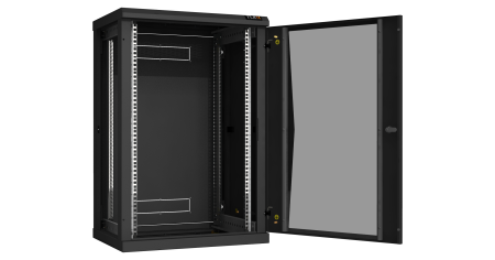 Настенный разборный шкаф NIKOMAX 19", 18U, стеклянная дверь, Ш600хВ904хГ450мм, 2 пары монтажных направляющих, черный