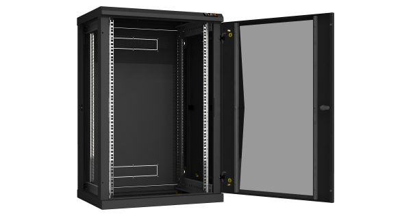 Настенный разборный шкаф NIKOMAX 19", 18U, стеклянная дверь, Ш600хВ904хГ450мм, 2 пары монтажных направляющих, черный
