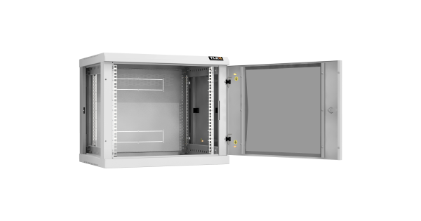 Настенный разборный шкаф NIKOMAX 19", 9U, стеклянная дверь, Ш600хВ503хГ450мм, 2 пары монтажных направляющих, серый