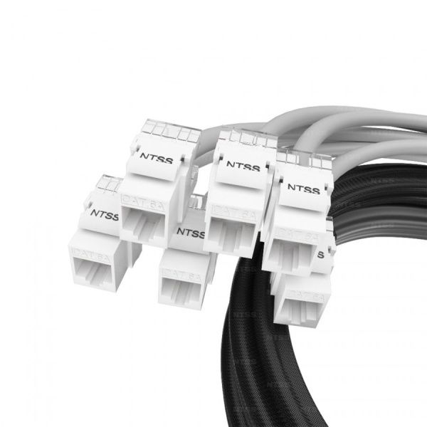 Кабельная сборка NTSS PREMIUM 24pc, UTP CAT6A, оконцована разъемами KEYSTONE RJ45 UTP CAT6A, заделка в чулке, вывод 0.6м, длина 9м, LSZH, серый