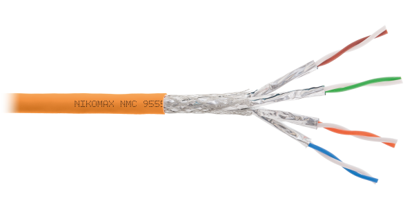Кабель NIKOMAX S/FTP 4 пары, Кат.6a (Класс Eа), тест по ISO/IEC, 500МГц, одножильный, BC (чистая медь), 23AWG (0,58мм), полимерный материал нг(А)-HF, внутренний, оранжевый, 500м - гарантия: 15 лет / 25 лет системная