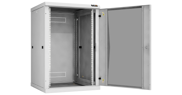 Настенный разборный шкаф NIKOMAX 19", 18U, стеклянная дверь, Ш600хВ904хГ600мм, 2 пары монтажных направляющих, серый