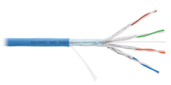 Кабель NIKOMAX F/FTP 4 пары, Кат.6a (Класс Eа), тест по ISO/IEC, 500МГц, одножильный, BC (чистая медь), 23AWG (0,56мм), полимерный материал нг(А)-HF, внутренний, голубой, 500м - гарантия: 5 лет / 15 лет системная