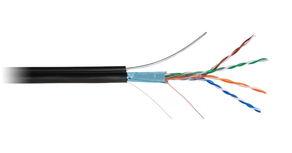 Кабель NETLAN F/UTP 4 пары, Кат.5e (Класс D), 100МГц, одножильный, BC (чистая медь), с одножильным тросом, полиэтилен, внешний, до -40C, черный, 305м - гарантия: 1 год