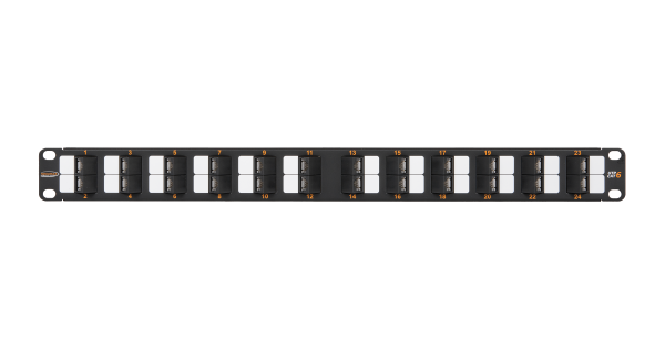 Коммутационная панель NIKOMAX 19", 1U, 24 угловых порта, Кат.6 (Класс E), 250МГц, RJ45/8P8C, 110/KRONE, T568A/B, неэкранированная, с органайзером, черная - гарантия: 5 лет расширенная / 25 лет системная