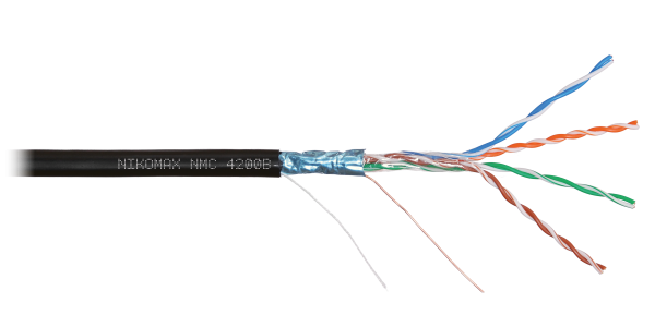 Кабель NIKOMAX F/UTP 4 пары, Кат.5e (Класс D), тест по ISO/IEC, 100МГц, одножильный, BC (чистая медь), 24AWG (0,51мм), полиэтилен, внешний, черный, 305м - гарантия: 3 года