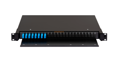 Оптический кросс NIKOMAX 19" Premium Line, 1U, укомплектованный на 8  портов SC/UPC (8 одинарных SC/UPC адаптеров) SM 9/125 OS2, выдвижной, со съёмной полкой,  черный, в комплекте: адаптеры, монтажные шнуры 1м, сплайс-кассета с крышкой, гильзы, заглушки