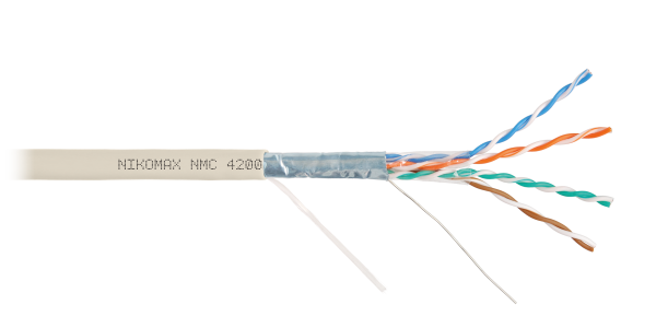 Кабель NIKOMAX F/UTP 4 пары, Кат.5e (Класс D), тест по ISO/IEC, 100МГц, одножильный, BC (чистая медь), 24AWG (0,51мм), полимерный материал нг(А)-LSLTx, внутренний, светло-серый, 305м - гарантия: 5 лет / 15 лет системная