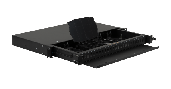 Оптический кросс NIKOMAX 19" Premium Line, 1U, укомплектованный на 8  портов SC/UPC (8 одинарных SC/UPC адаптеров) SM 9/125 OS2, выдвижной, со съёмной полкой,  черный, в комплекте: адаптеры, монтажные шнуры 1м, сплайс-кассета с крышкой, гильзы, заглушки