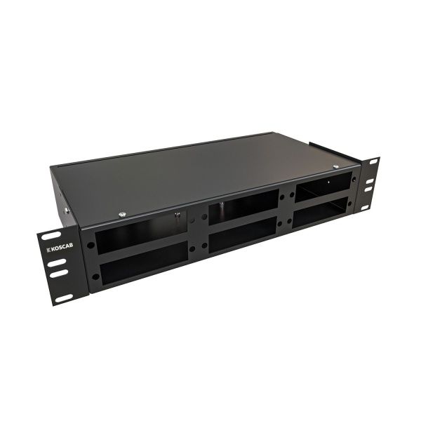 Кросс KOSCAB оптический 19'' укомплектованный 2U, 32 порта SC/UPC, 50/125 мкм (планки, сплайс-кассета, пигтейлы, КДЗС, адаптеры) черный RAL 9005