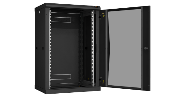 Настенный разборный шкаф NIKOMAX 19", 18U, стеклянная дверь, Ш600хВ904хГ450мм, 2 пары монтажных направляющих, черный
