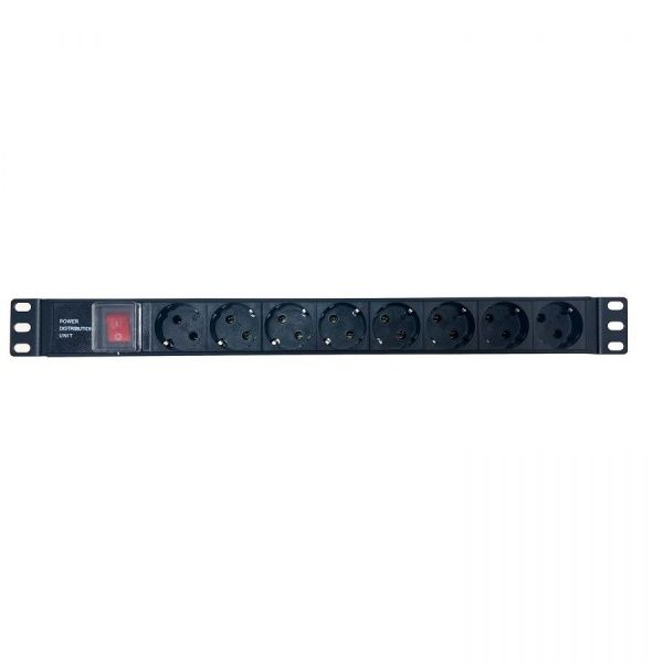 Блок розеток NTSS, 19", 1U, пластик, 1ф10A, 2.3кВт, (8) Schuko CEE 7/7, выкл. с подсв.и крыш., вх. 60320 С14