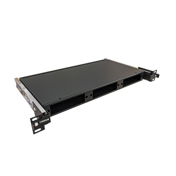 Кросс KOSCAB оптический выдвижной 19'' укомплектованный 1U, 16 портов FC/APC, 9/125 мкм (планки, сплайс-кассета, пигтейлы, КДЗС, адаптеры) черный RAL 