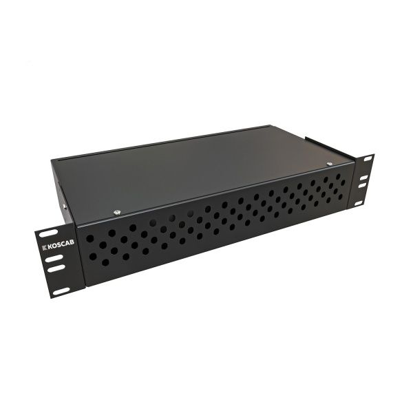 Кросс KOSCAB оптический 19'' укомплектованный 2U, 64 порта FC/UPC, 50/125 мкм (сплошная панель, сплайс-кассета 2шт, пигтейлы, КДЗС, адаптеры) черный R
