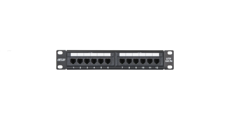 Коммутационная панель NETLAN 10", 1U, 12 портов, Кат.5e (Класс D), 100МГц, RJ45/8P8C, 110/KRONE, T568A/B, неэкранированная, черная
