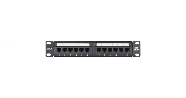 Коммутационная панель NETLAN 10", 1U, 12 портов, Кат.5e (Класс D), 100МГц, RJ45/8P8C, 110/KRONE, T568A/B, неэкранированная, черная
