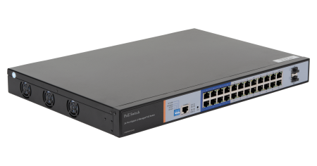 Управляемый L2 PoE коммутатор NIKOMAX, 24 PoE (802.3af/at) портов 10/100/1000Мбит/с 8 до 250 метров cat.6, 2*SFP 1000Мбит/с, 400Вт APO&R