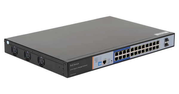 Управляемый L2 PoE коммутатор NIKOMAX, 24 PoE (802.3af/at) портов 10/100/1000Мбит/с 8 до 250 метров cat.6, 2*SFP 1000Мбит/с, 400Вт APO&R