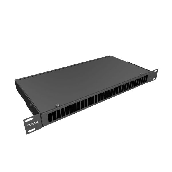 Кросс KOSCAB оптический 19'' укомплектованный 1U, 32 порта SC/UPC, 9/125 мкм (сплошная панель, сплайс-кассета, пигтейлы, КДЗС, адаптеры) черный RAL 90