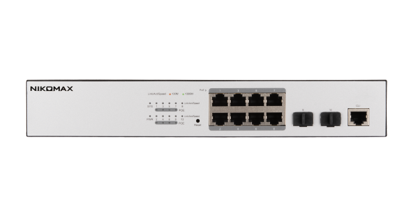 Управляемый L2 PoE коммутатор NIKOMAX 8 Base-T 10/100/1000Mb/s портов, 2 Base-X SFP 1000Mb/s. 1U 19'', 220В, бюджет PoE 130Вт, блок питания 150Вт
