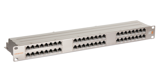 Коммутационная панель NIKOMAX 19", 1U, 48 портов, Кат.6, RJ45/8P8C, 110/KRONE, T568A/B, полный экран, с органайзером, металлик, гарантия: 5 лет расширенная / 25 лет системная